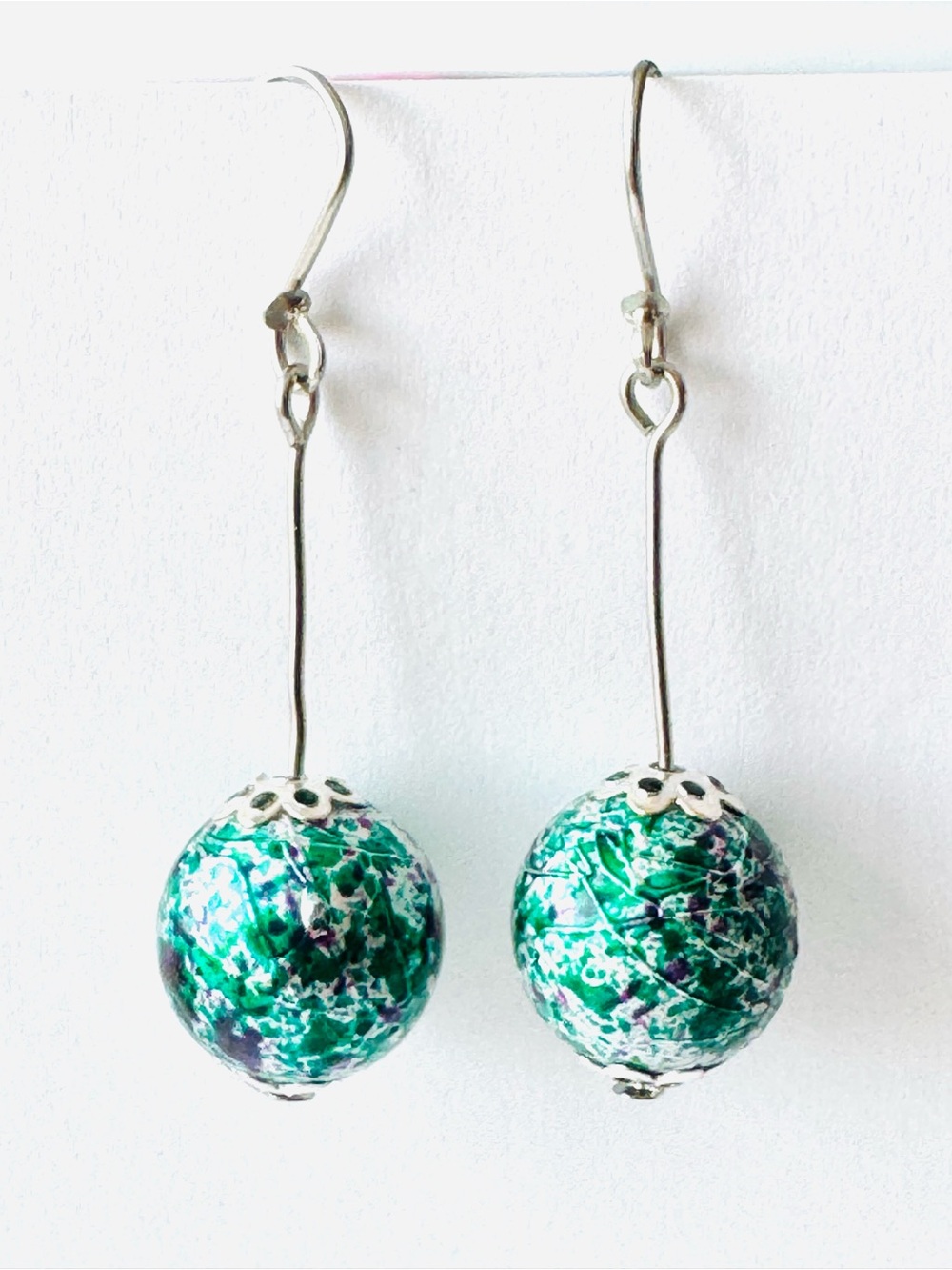 Earthy Green and Teal Speckled Ball Drop Earrings - Women Jewelry